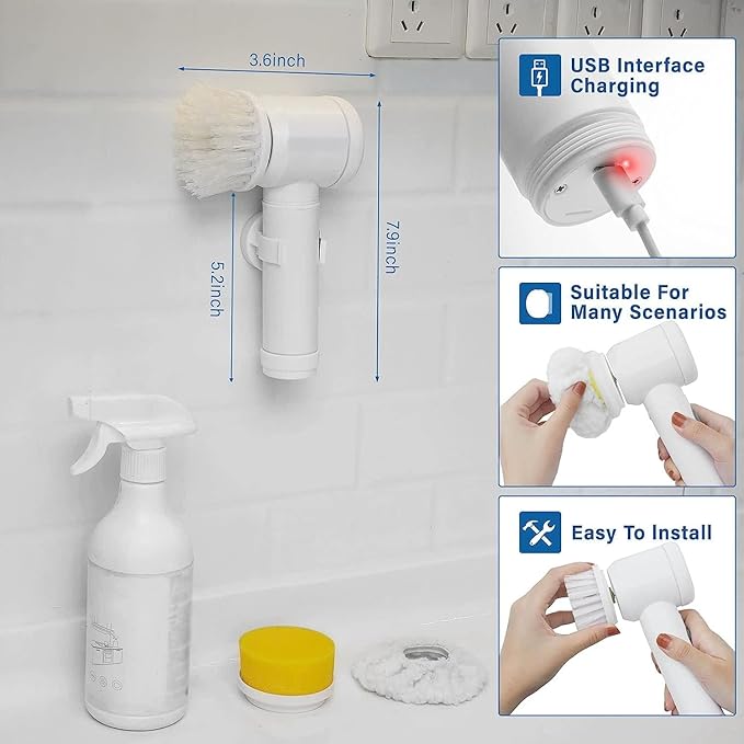 5 in 1 Handheld Bathroom Cleaning Brush Scrubber with Charging Cord