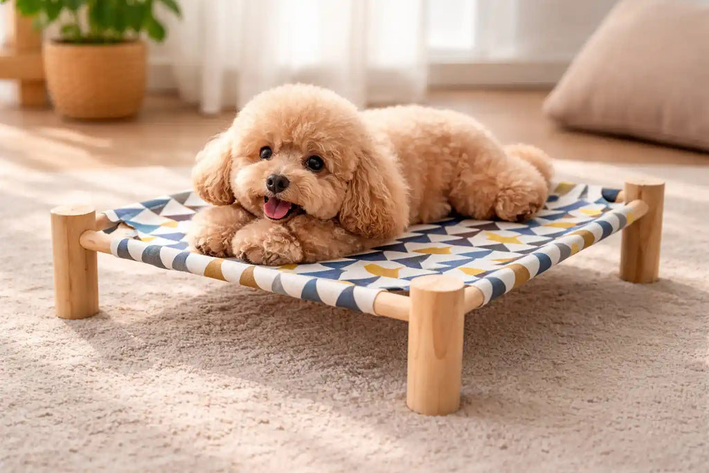 Small dog lying on a patterned pet bed with wooden legs in a home setting.