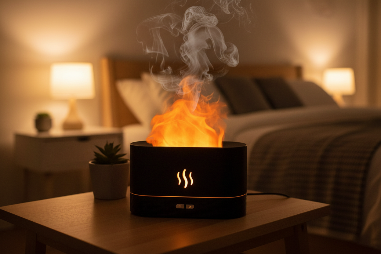 Flame humidifier on bedside table with glowing flame effect