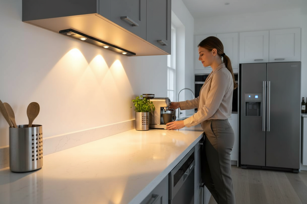 Motion sensor LED light installed under kitchen cabinet