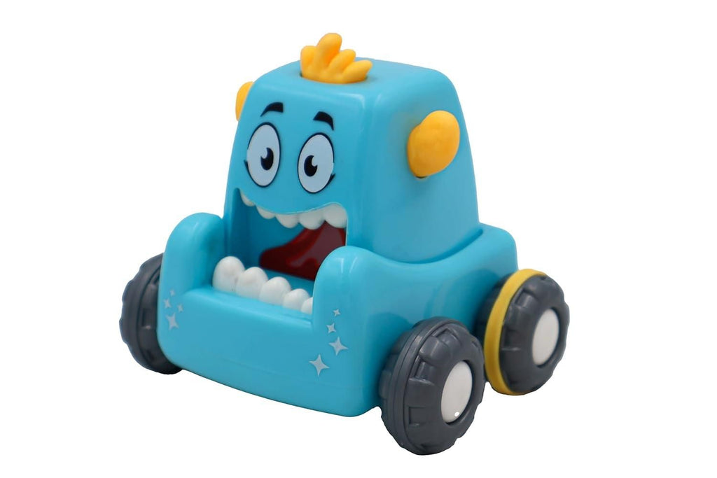 Toy car with a cartoon face on a white background