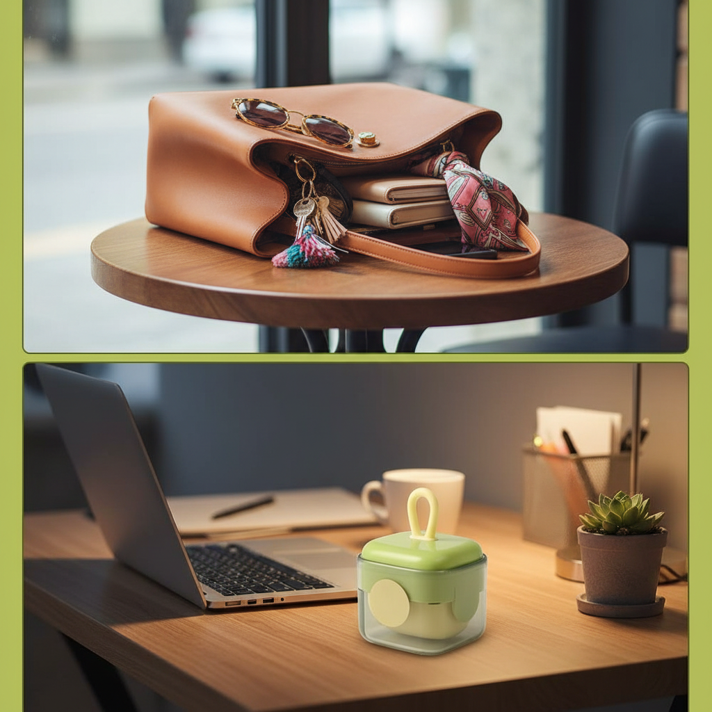 Portable lint roller in handbag showing compact size