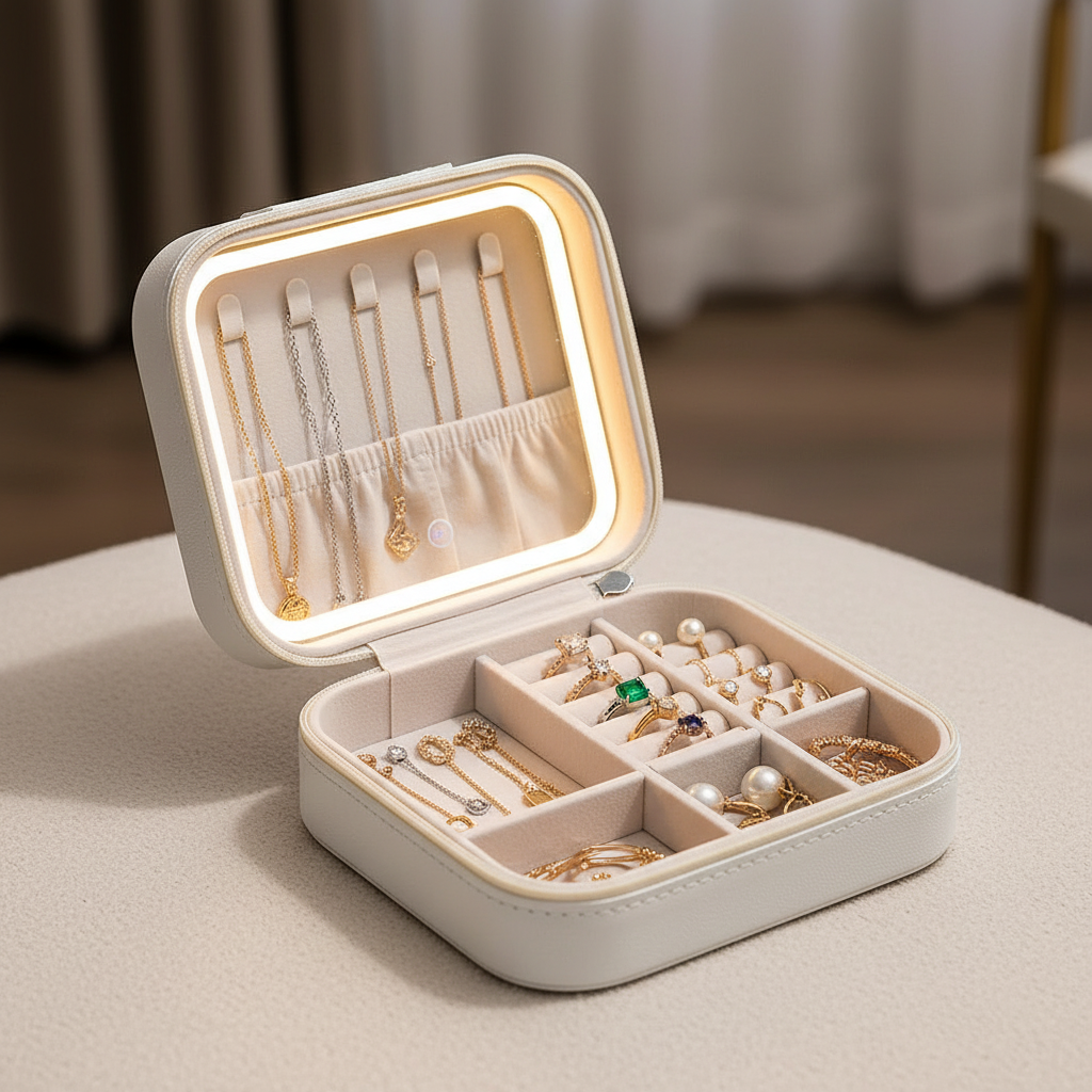 White jewelry box with LED mirror showing organized jewelry compartments