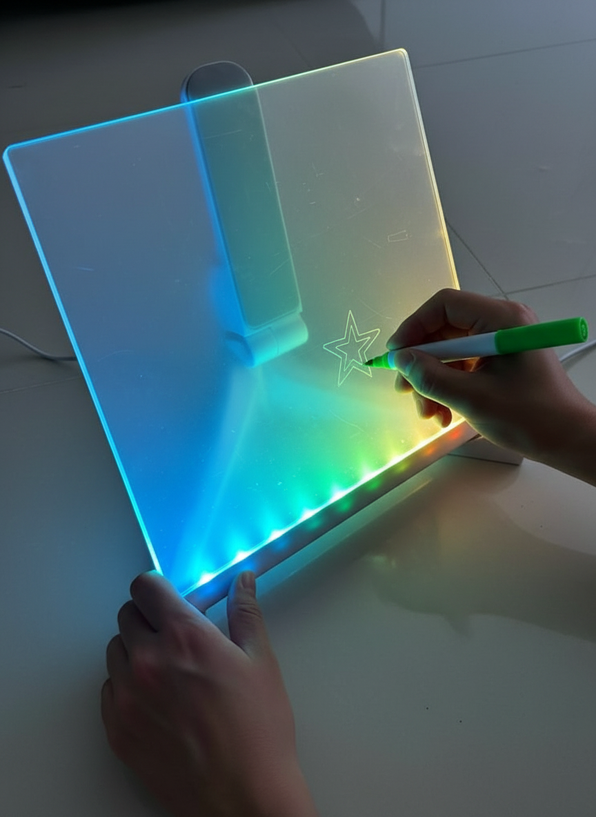 Hands Writing on Glowing LED Pad