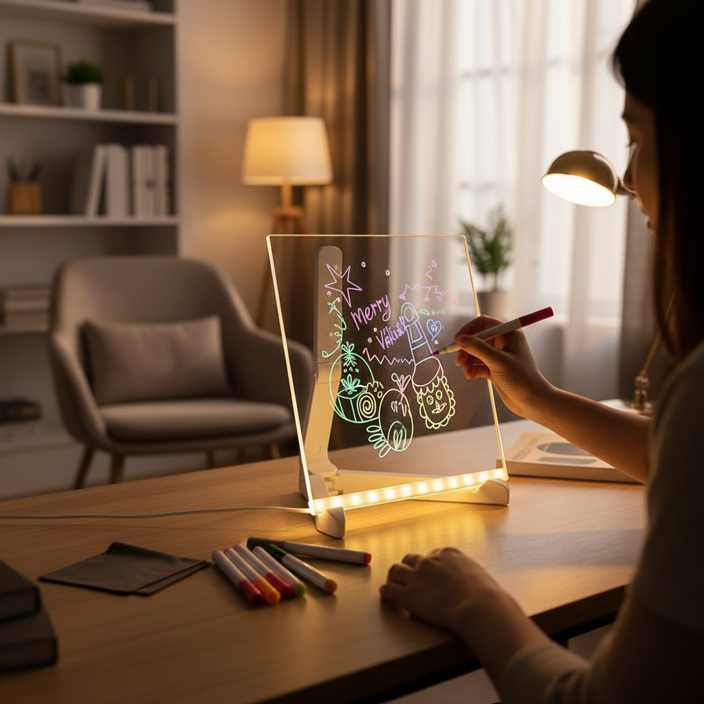 Writing on LED Pad at Desk