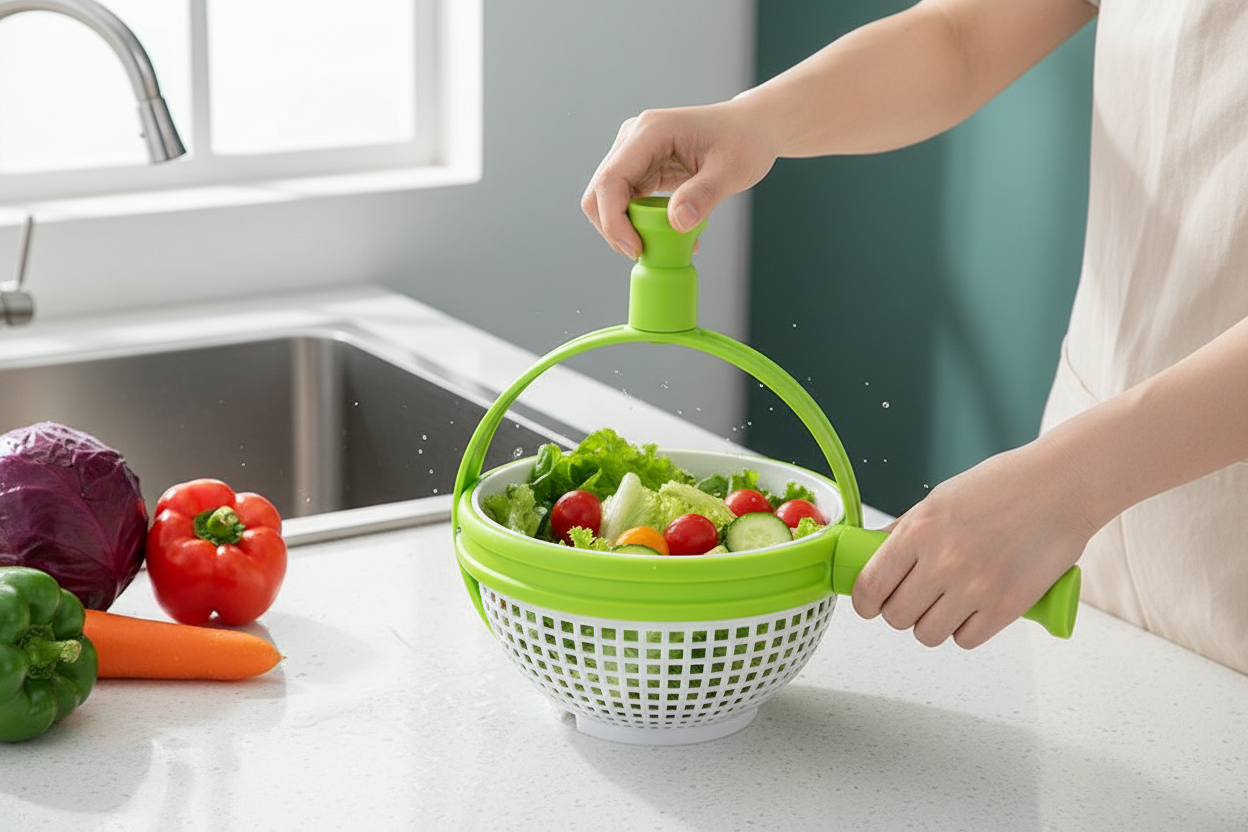 Person washing and drying fresh lettuce in spinning salad spinner
