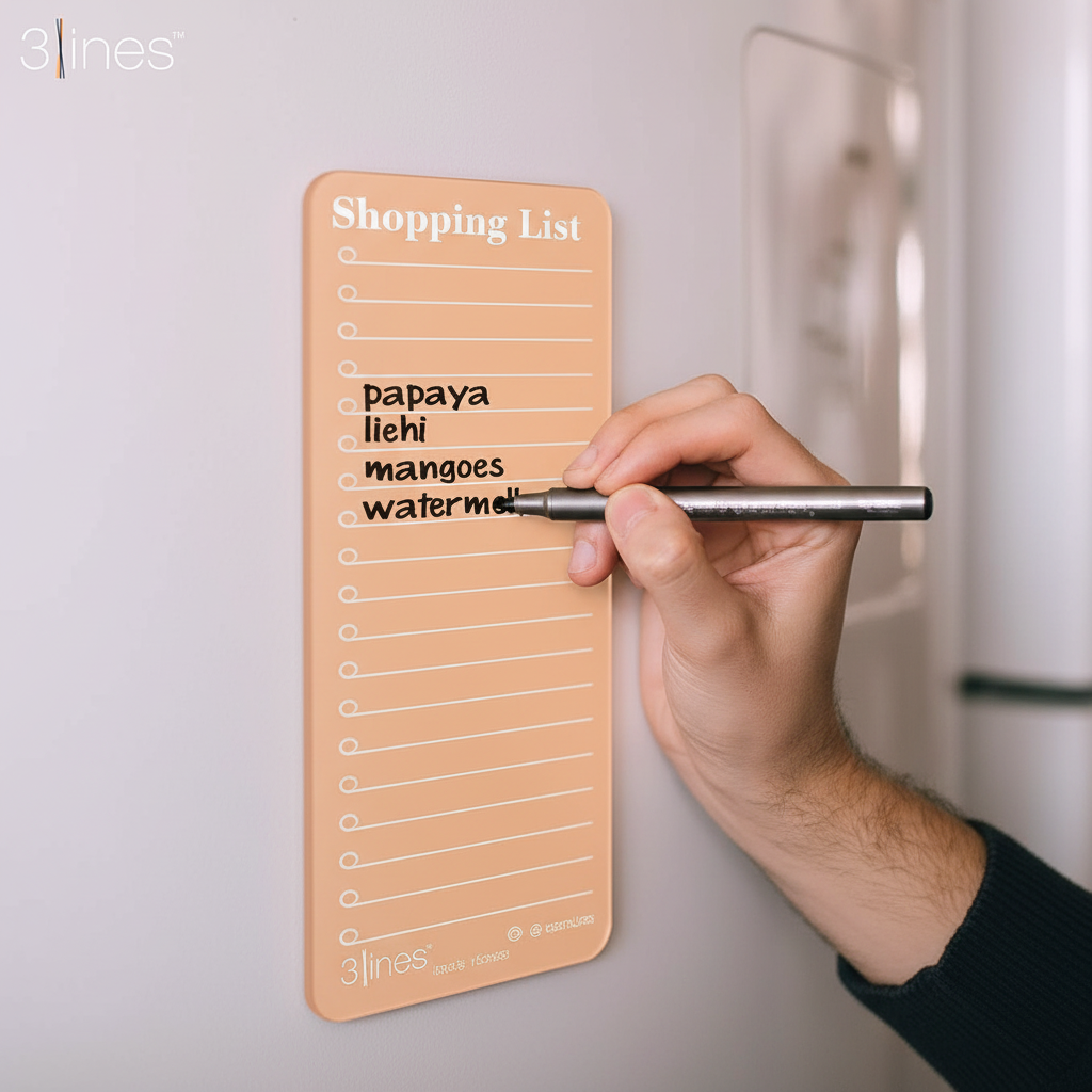 Close-up of acrylic shopping list magnet with marker