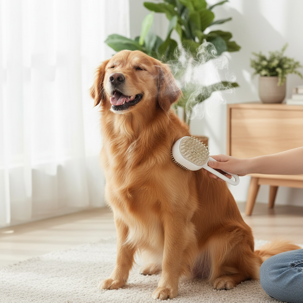 Grooming Dog with Steam Brush