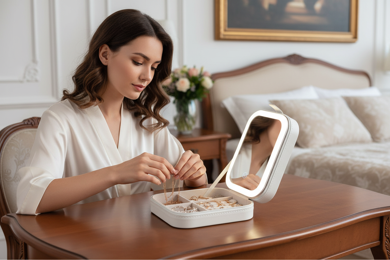 Woman organizing jewelry in white LED mirror jewelry box on vanity