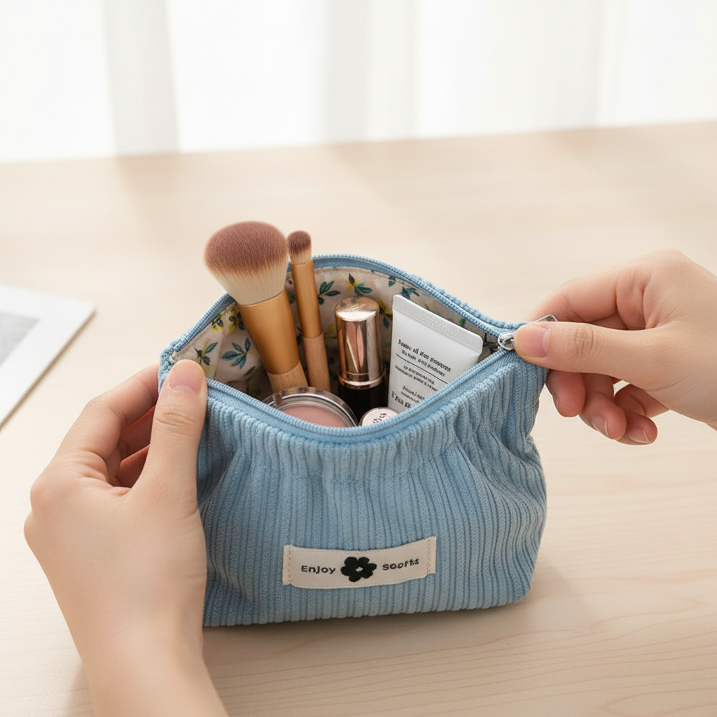 Opening Makeup Bag with Cosmetics