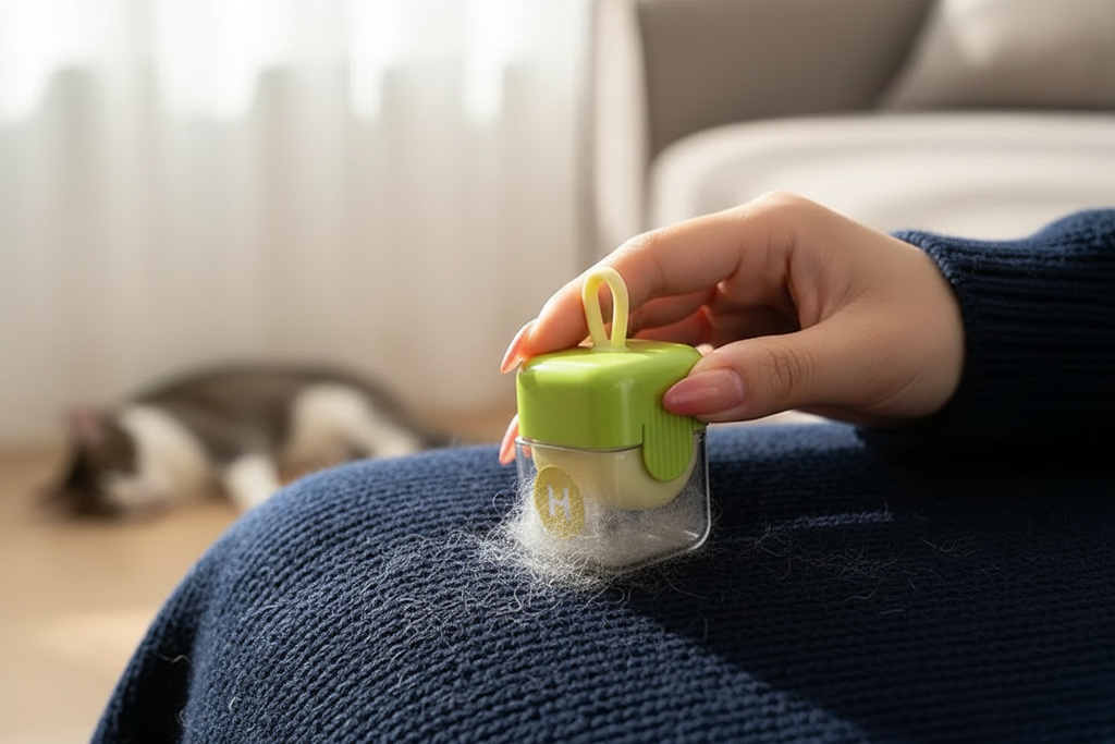 Person using mini lint roller to remove pet hair from sweater