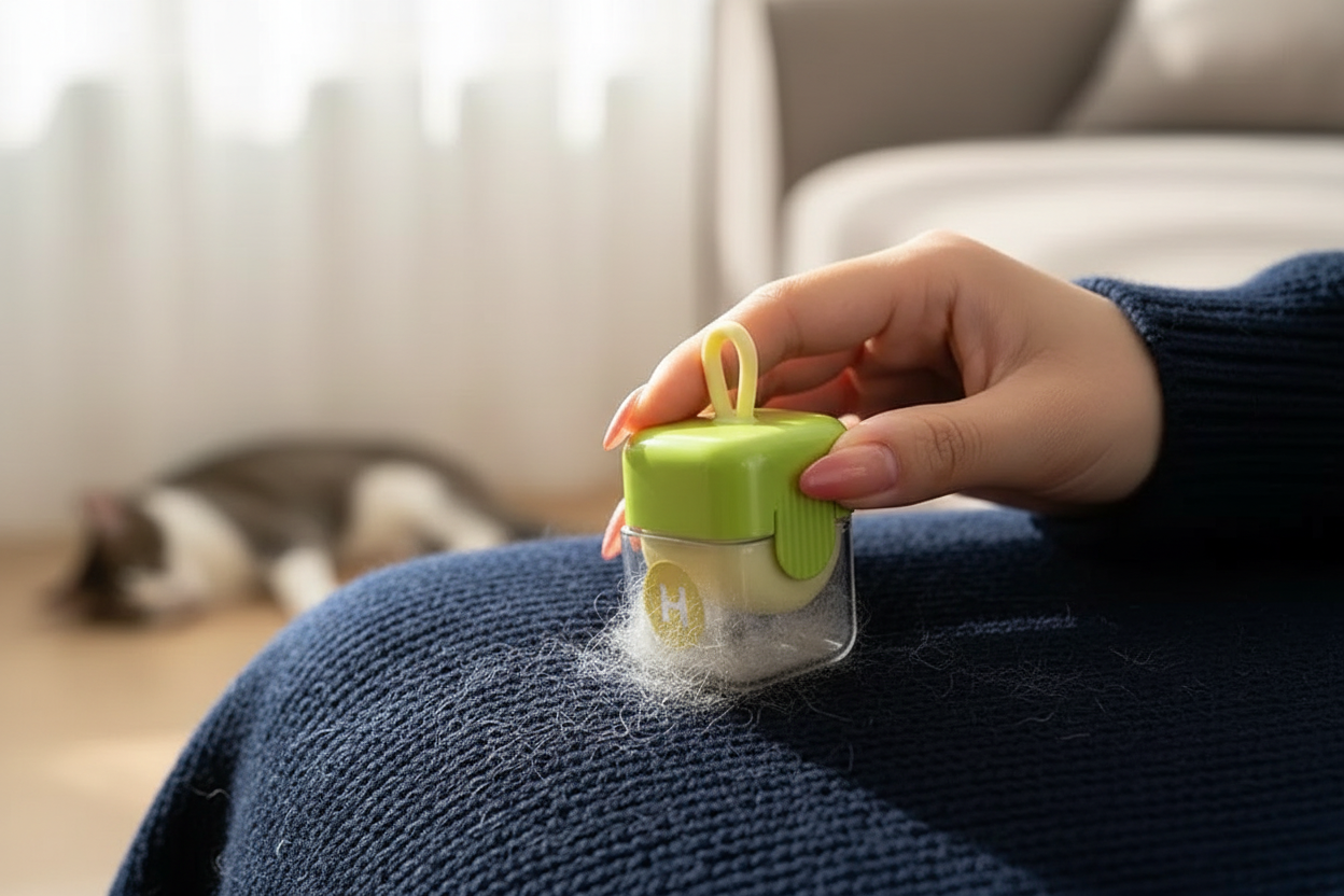 Person using mini lint roller to remove pet hair from sweater