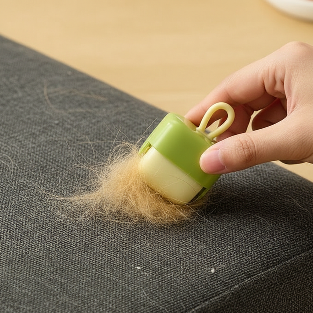 Close-up of mini lint roller picking up pet hair from fabric