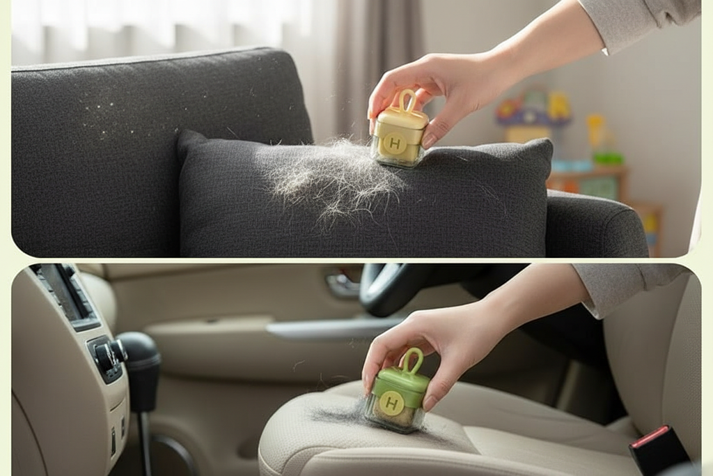 Lint roller removing pet hair from furniture and car seats