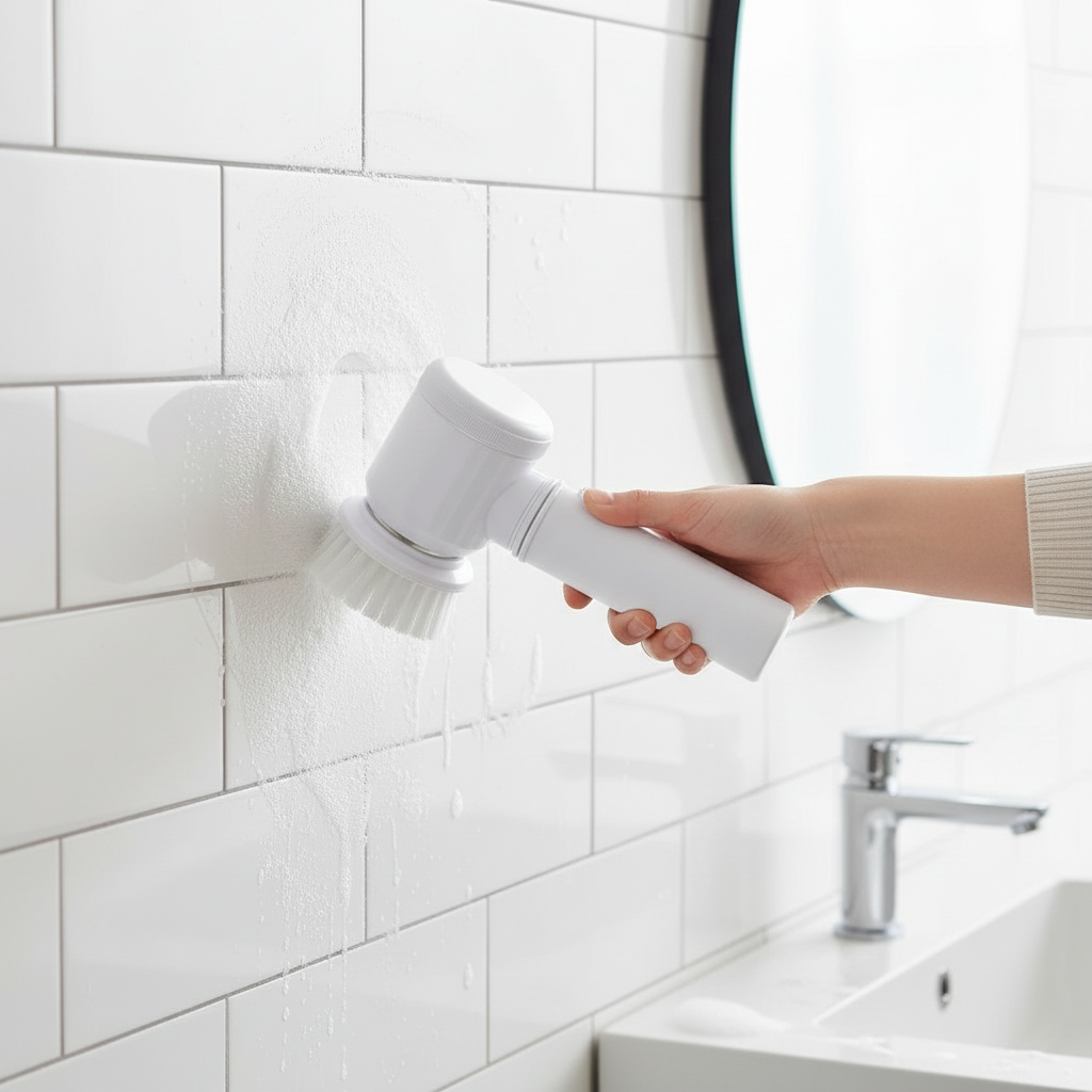 Cleaning Bathroom Tiles with Scrubber