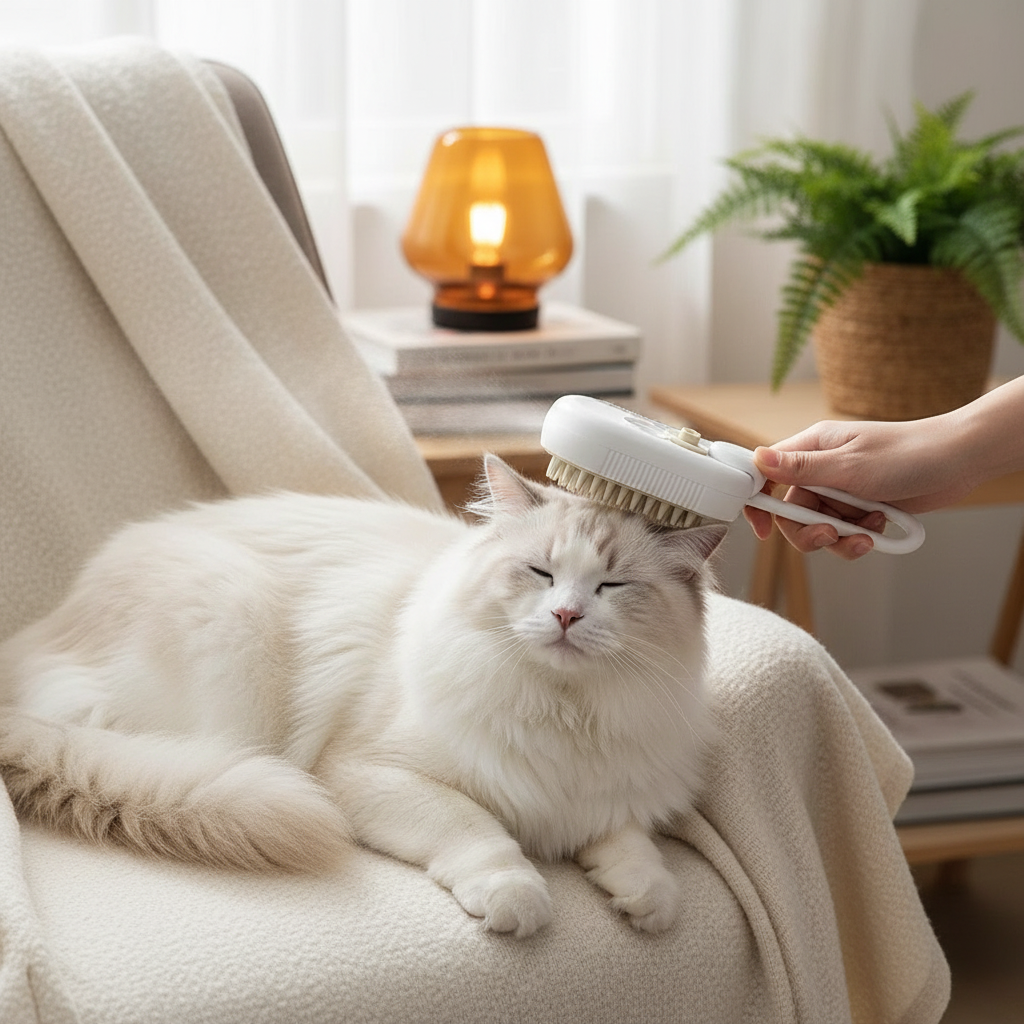 Grooming Cat with Steam Brush