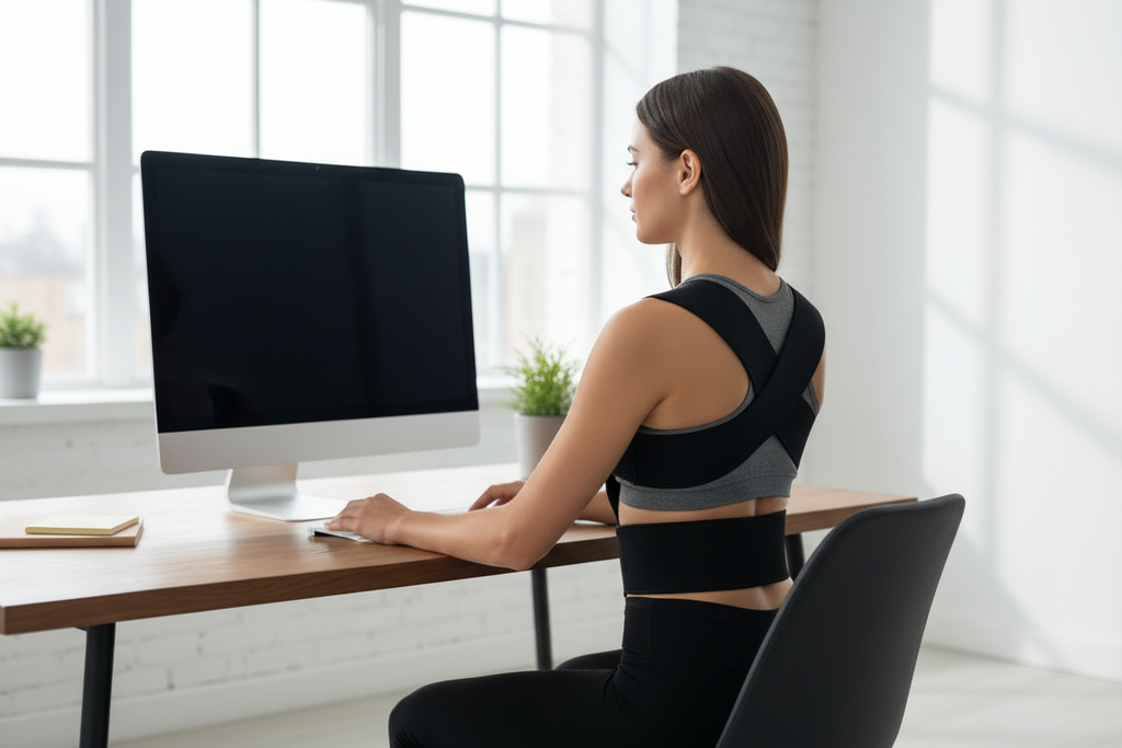 Person wearing posture belt at desk